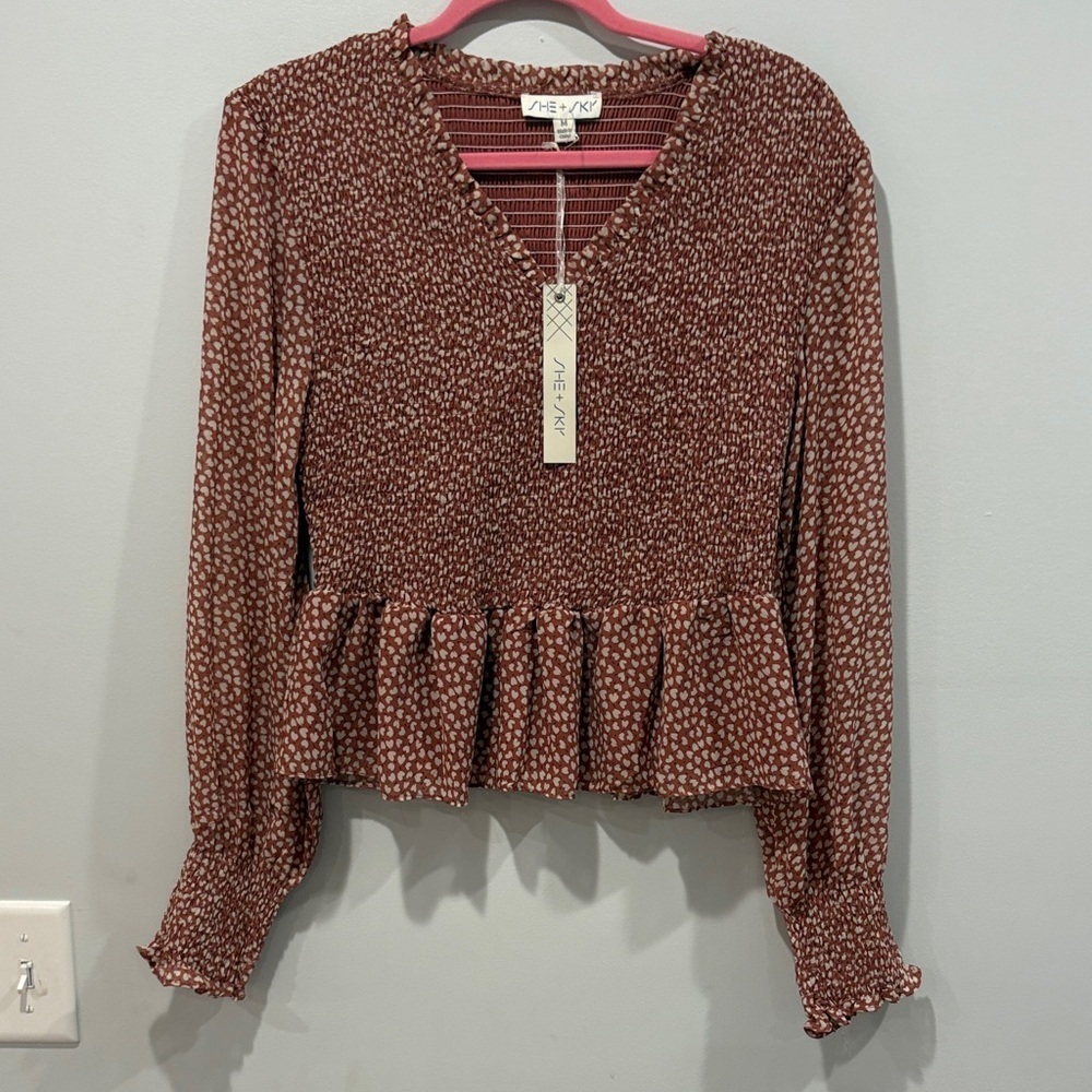 She + Sky heart Patterned Peplum Blouse